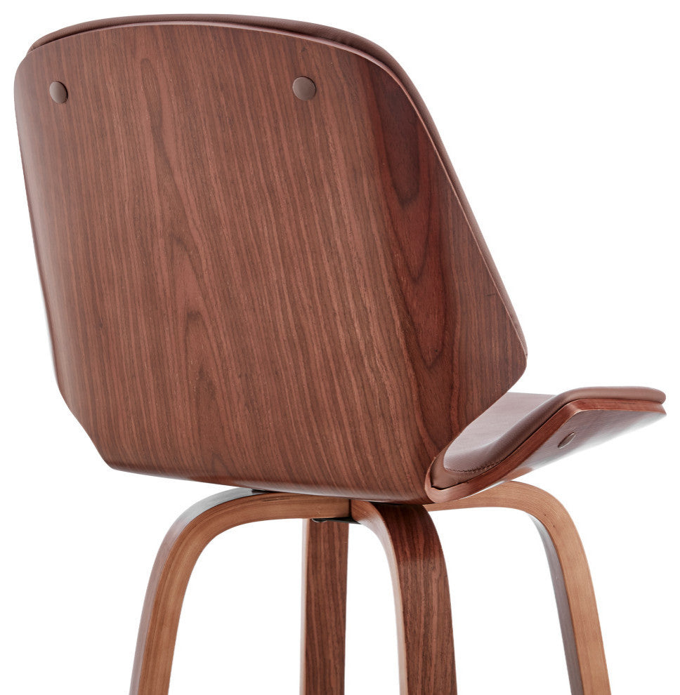 Arabela Faux Leather and Wood Swivel Bar Stool, Brown and Walnut