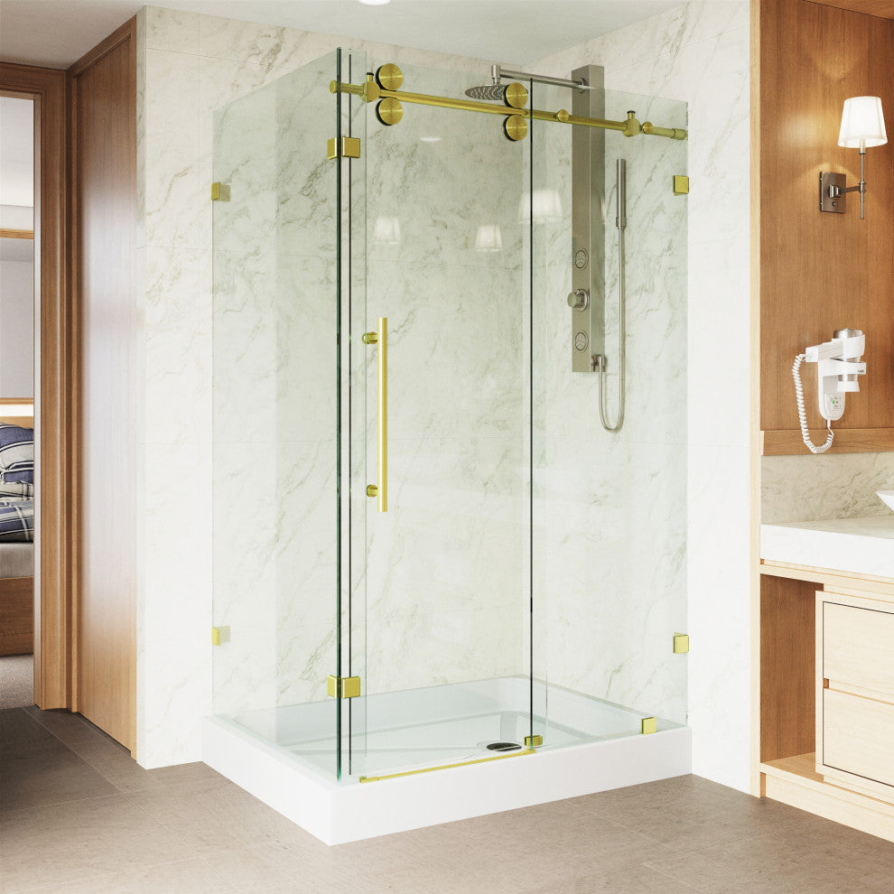 VIGO Winslow Frameless Sliding Shower Enclosure, Matte Brushed Gold, 36" D X 48" W X 80" H, Right Drain Base