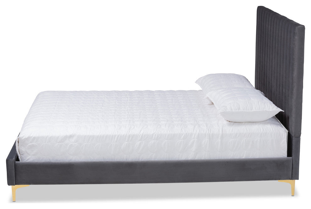 Denica Glam and Luxe Upholstered Platform Bed, Gray/Gold, Queen
