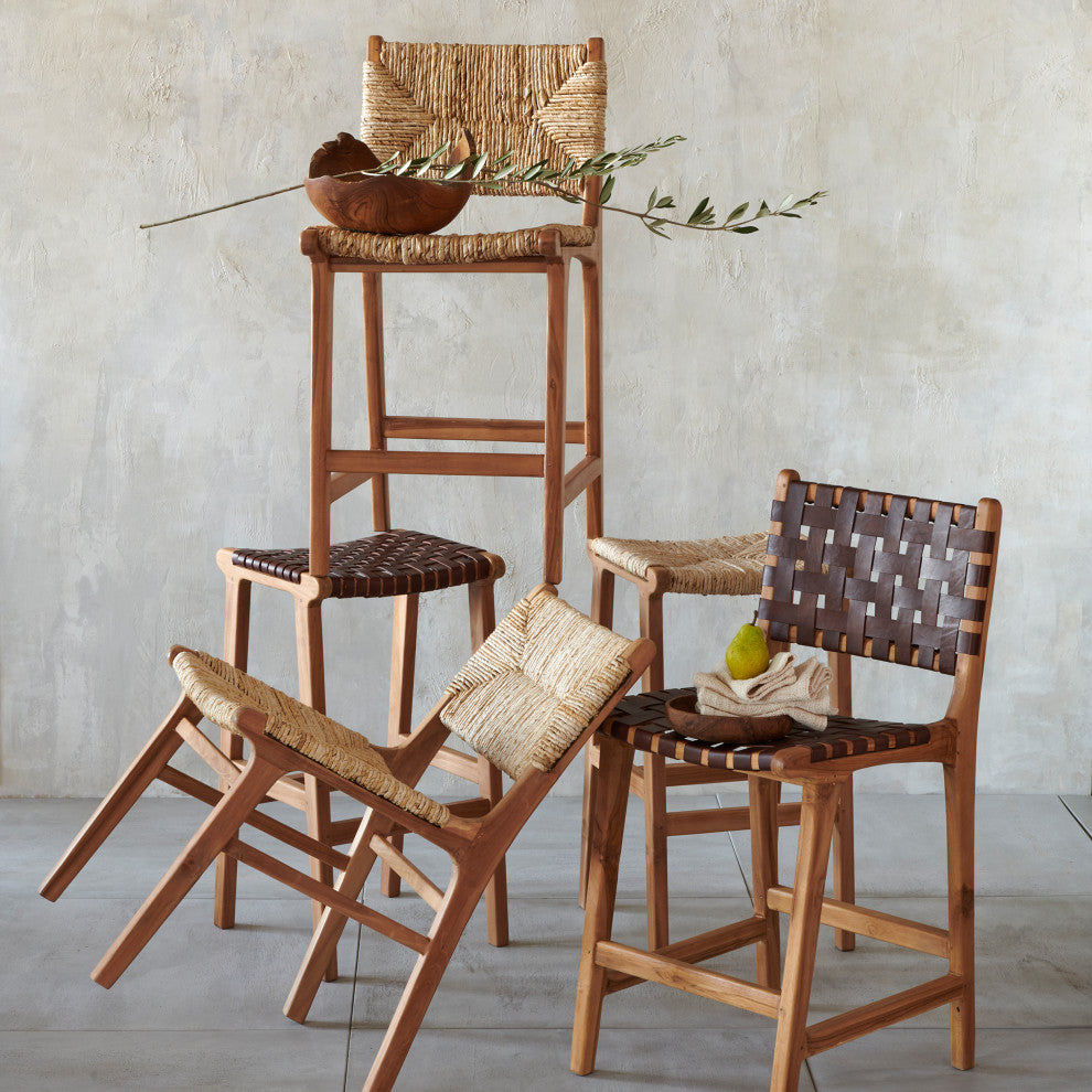 Visby Teak Wood Bar Stool with Dark Woven Leather