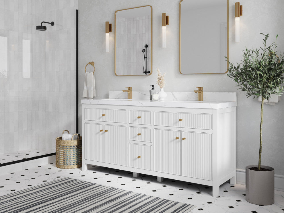 Sonoma 72 Double Sink Reeded Bath Vanity in White 2" White Quartz