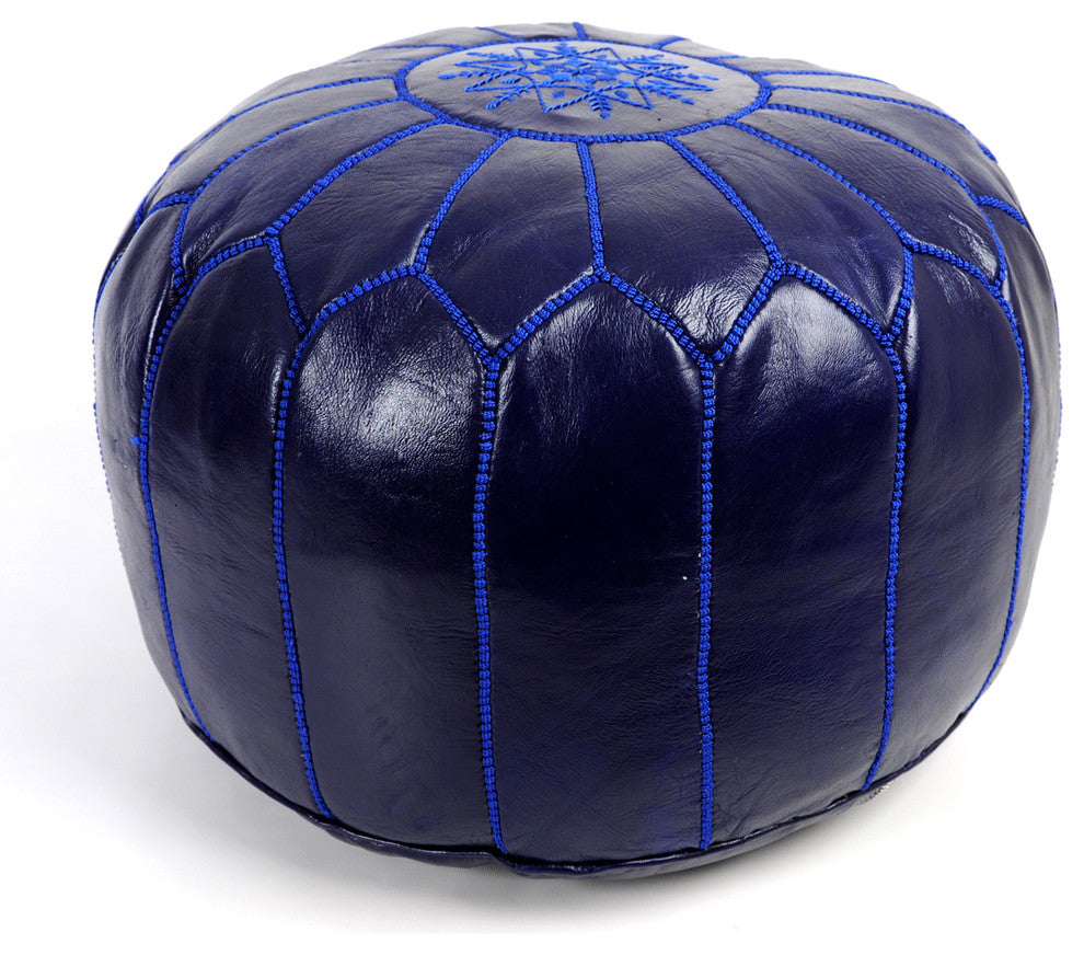 Moroccan Leather Pouf, Royal Blue