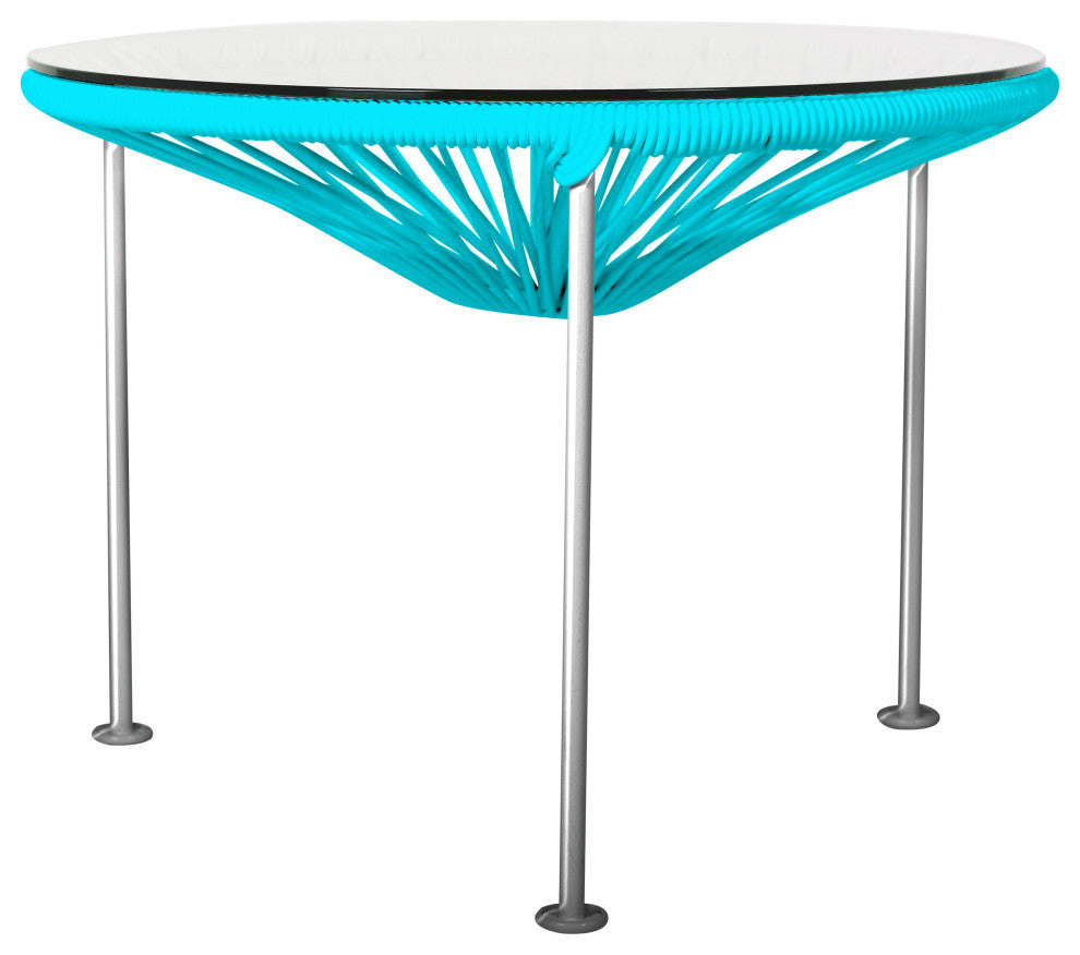 Zicatela Indoor/Outdoor Handmade Side Table, Blue Weave, Chrome Frame