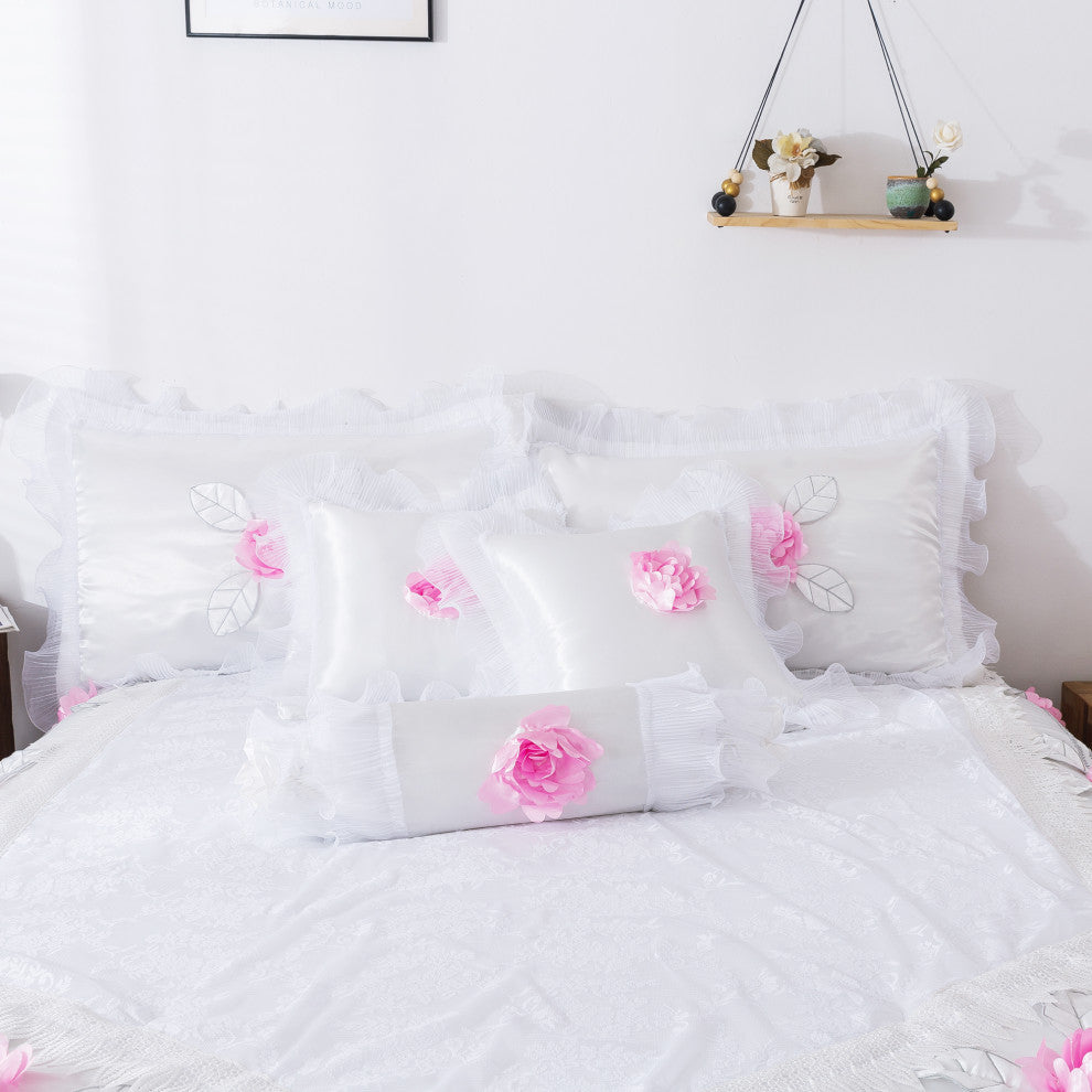 Tache 6-Piece Rose Pink White Satin Ruffled Bedding Set, Queen