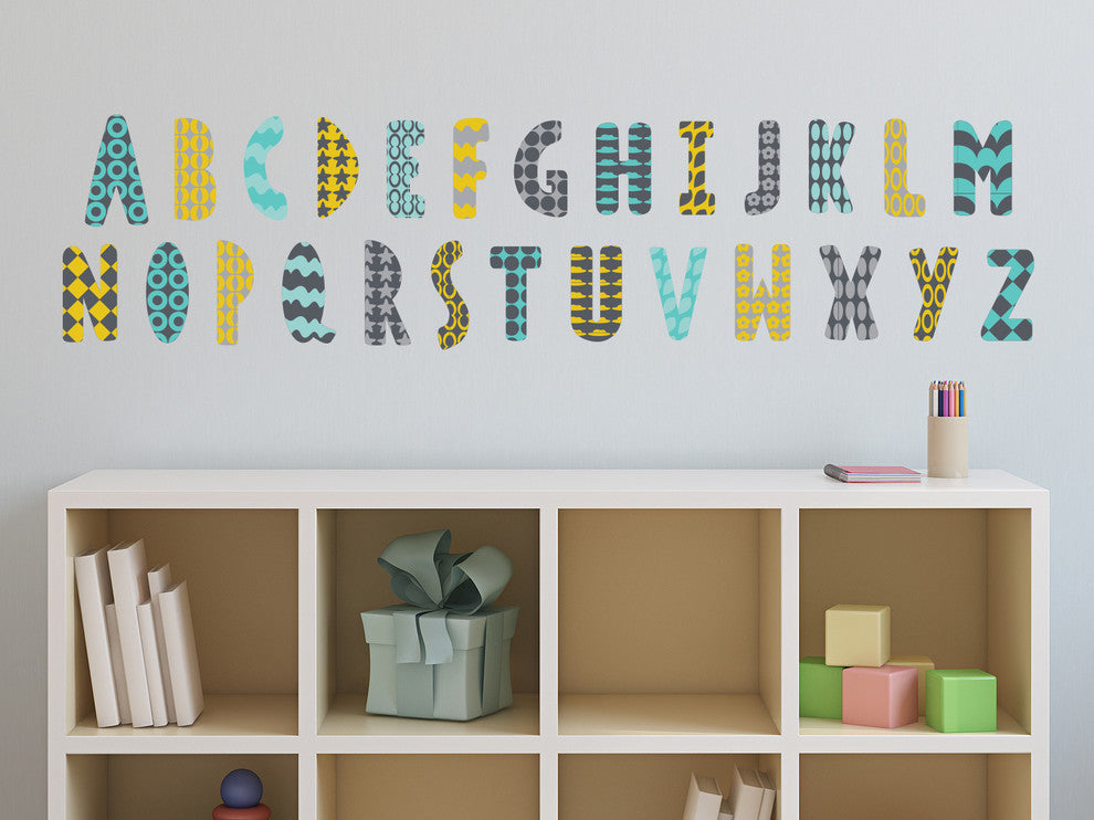 Modern Alphabet Fabric Wall Decals in Orange, Grey, Turquoise, Black