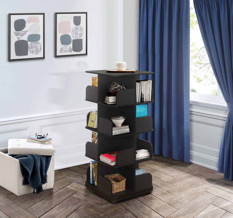 Oneonta Revolving Bookcase Tower Display Unit, Wood, Black, 4 Tier