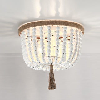 12.6" W 3-Light Bohemia Antique White Wood Beaded Flush Mount Ceiling Light