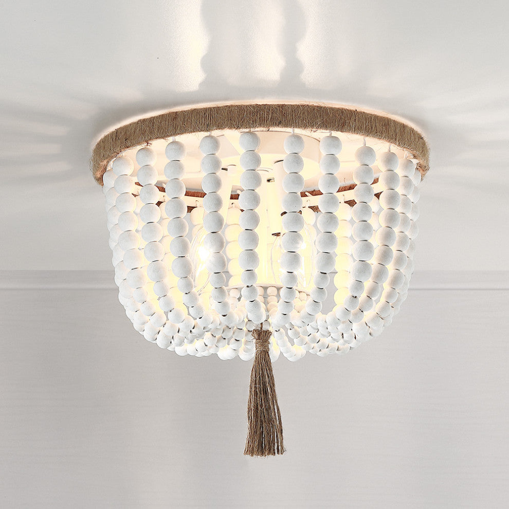 12.6" W 3-Light Bohemia Antique White Wood Beaded Flush Mount Ceiling Light