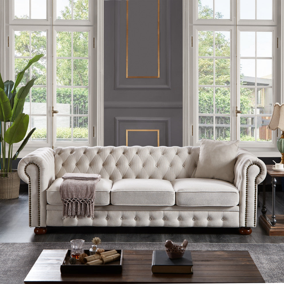 TATEUS linen fabric Chesterfield Large sofa Modern 3 Seater Couch  Beige