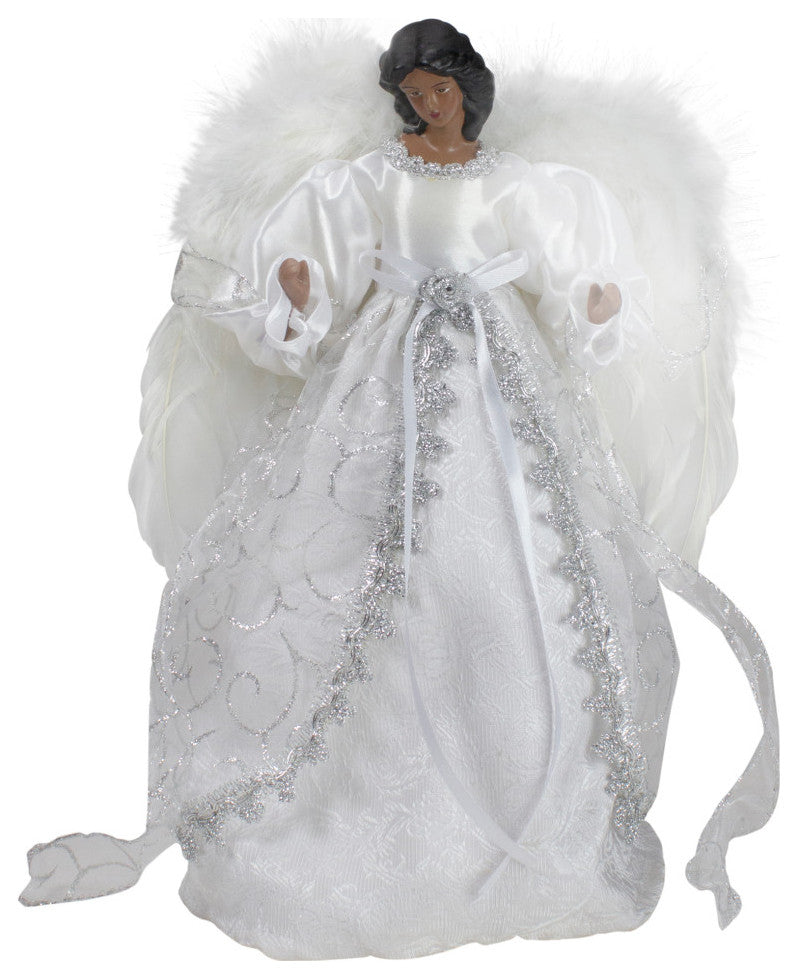 14" African American Silver & White Angel Christmas Tree Topper Unlit