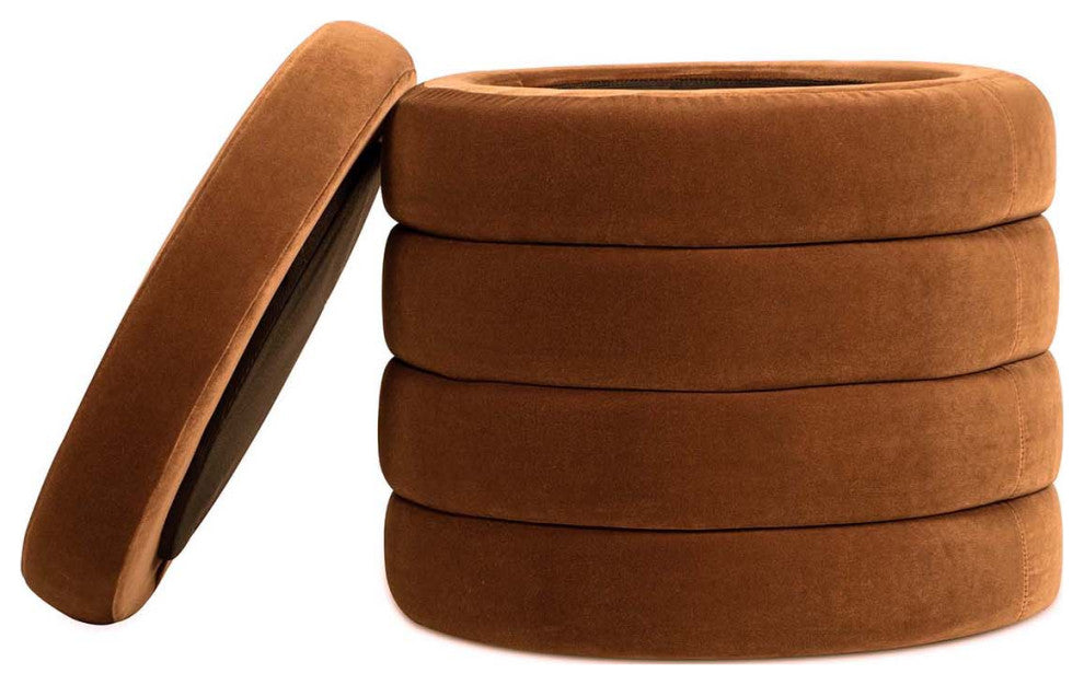 Fuji 19" Oversized Horizontal Tufted Round Storage Ottoman, Burnt Orange Velvet