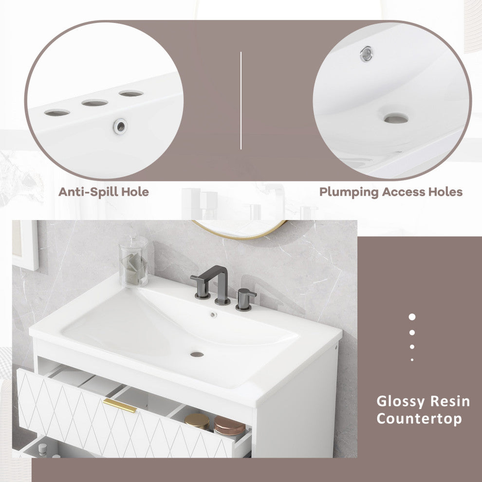 30'' Floating Bathroom Vanity with Resin Sink,Mounted Bathroom Storage Cabinet, White