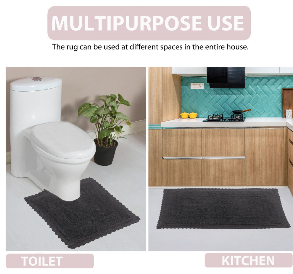 Opulent Reversible Bath Rug Set, Mat Non Slip, 17x24 Rectangle, Gray