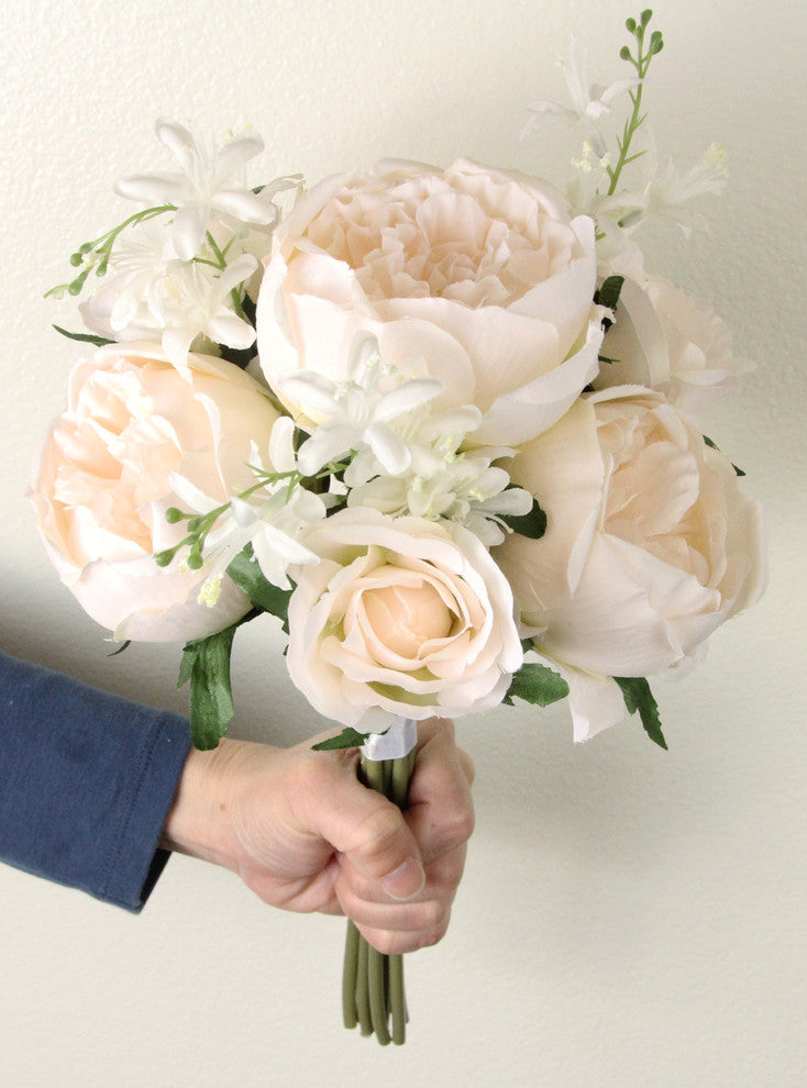 10 Stems Faux English Rose and Rose Bud Bouquet, Ivory