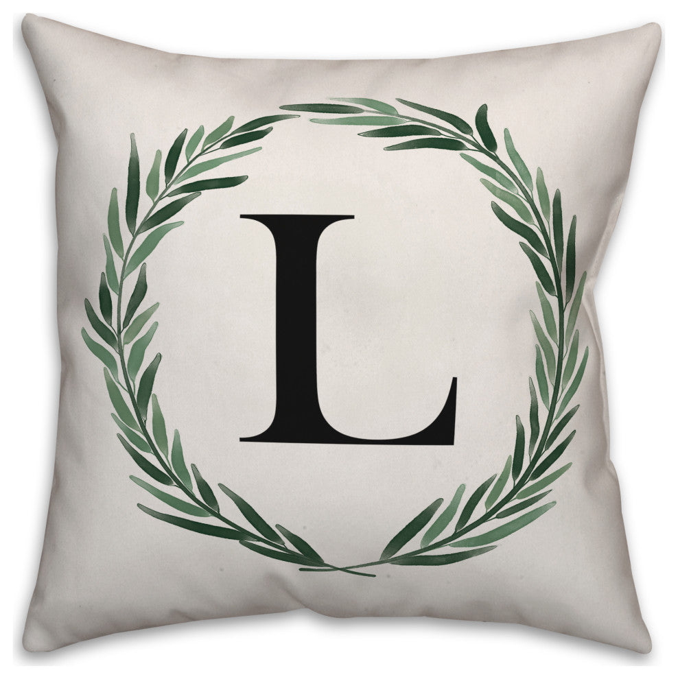 Watercolor Greenery Wreath Monogram - L 18x18 Spun Poly Pillow