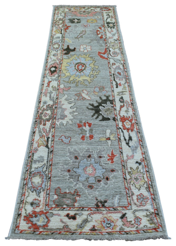 Gray Angora Oushak, Pop of Colors Hand Knotted Wool Runner Rug, 2'6" x 9'7"