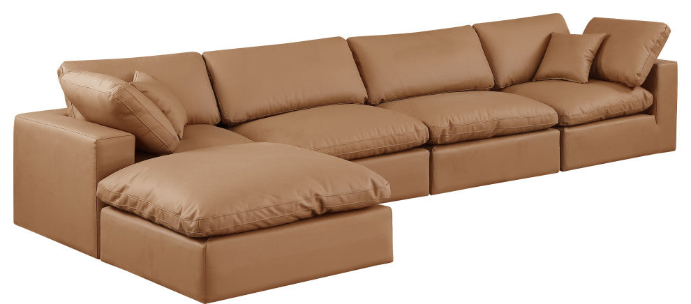 Comfy Upholstered L-Shaped Modular Sectional, Cognac, 5-Piece: 2 Armless Chair, 2 Corner Chair, 1 Ottoman, Vegan Leather
