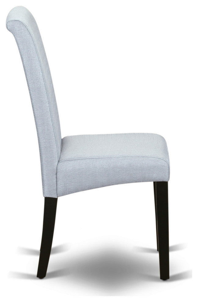 3Pc Small Round Table, Grayish Blue Fabric Kitchen Chairs, Black Chair Legs