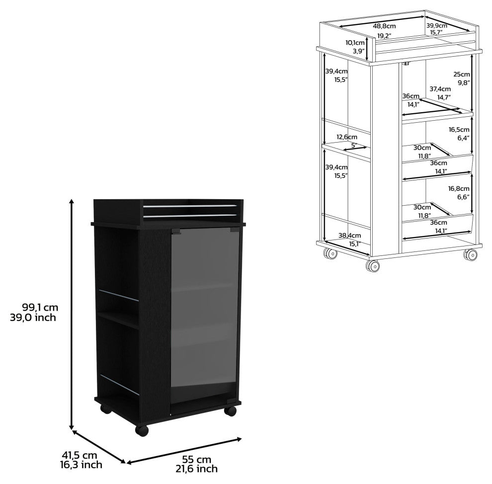 DEPOT E-SHOP Lansing Bar Cart with Glass Door, 2-Side Shelves and Casters, Black