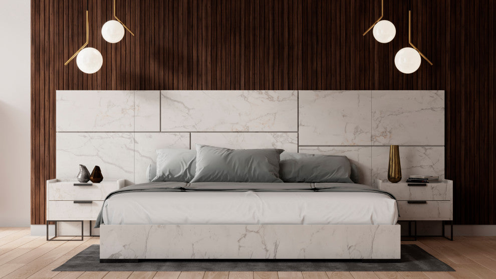 Nova Domus Marbella Italian Modern White Marble Bed With 2 Nightstands, Eastern King
