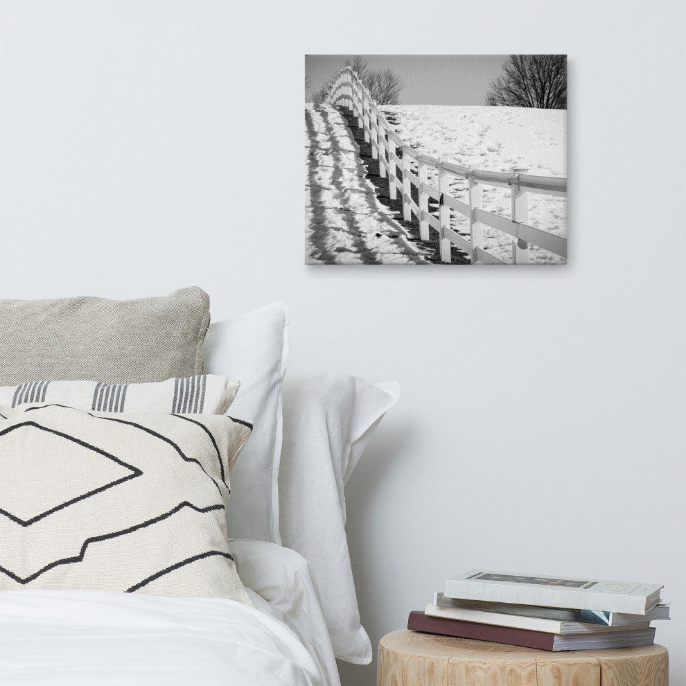 Endless Fence Rural Black & White Landscape Photo Canvas Wall Art Print, 16" X 20"