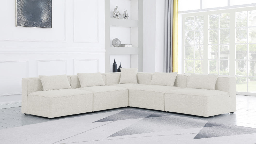 Cube Upholstered Modular Sectional, Cream, 5-Piece: 4 Armless Chair, 1 Corner Chair, Linen Texured Fabric