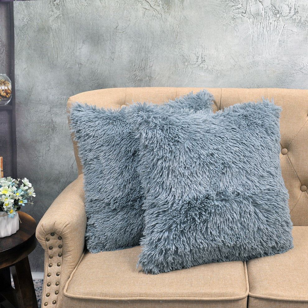 Shaggy Throw Blanket and 2 Pillow Shell 3 Piece Set, Silver Blue, Throw 60"x80" and 2 Pillow Shells 20"x20"