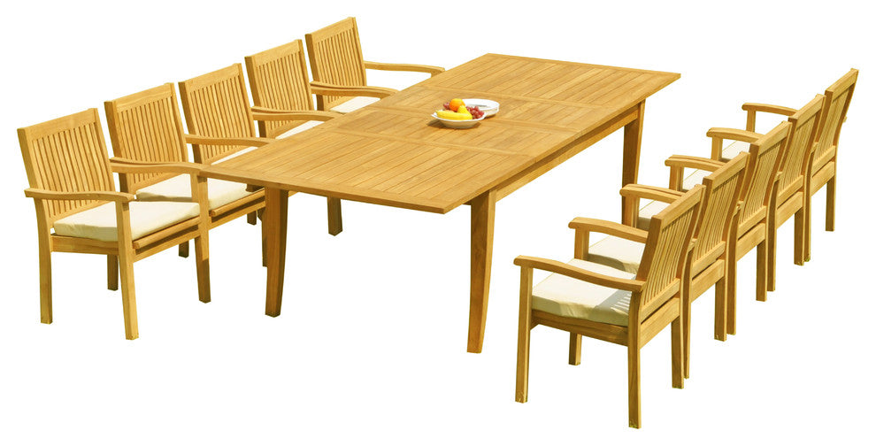 11-Piece Teak Dining Set 122" X-Large Rectangle Table, 10 Lev Stacking Arm Chair