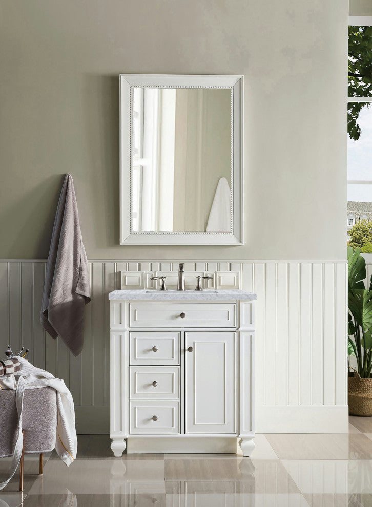 Bristol 30" Single Vanity, Bright White, w/ 3 CM Carrara Marble Top