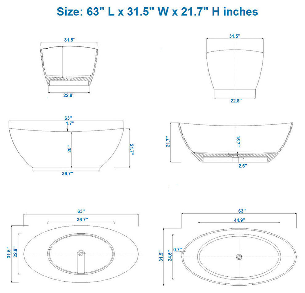 ADM Oval Freestanding Bathtub, White, 63", Matte White