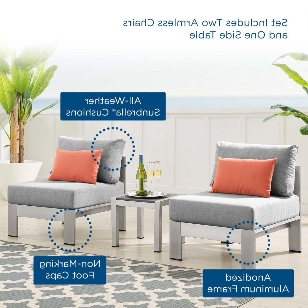 Lounge Chair Table Set, Sunbrella, Fabric, Aluminum, Silver Gray, Outdoor