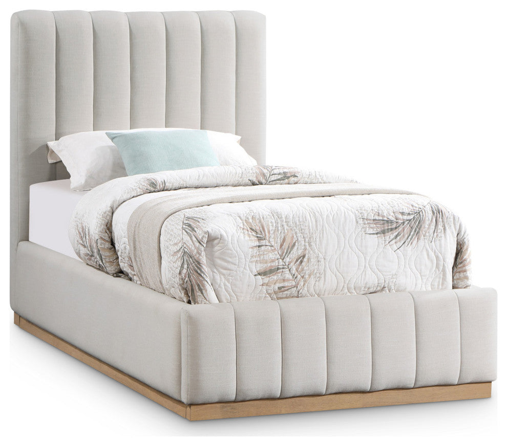 Lucia Beige Linen Textured Fabric Full Bed, Cream, Twin, Natural Finish