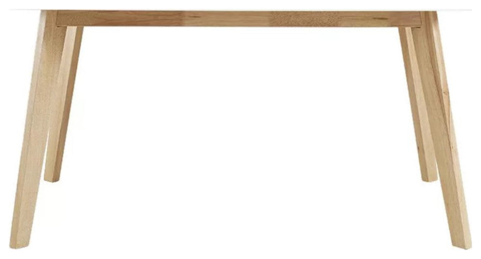 Midcentury Dining Table, Angled Natural Legs With Rectangular White Finished Top