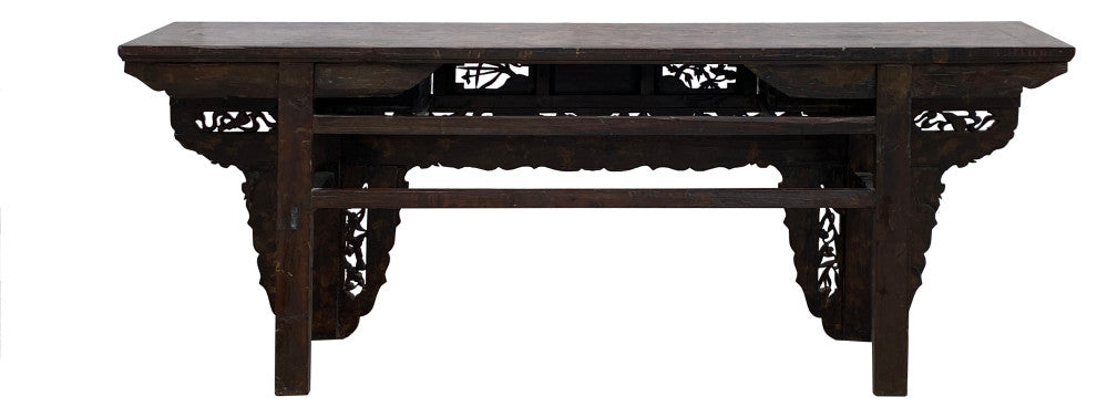Chinese Brown Wood Open Flower RuYi Carving Apron Altar Console Table Hcs7802