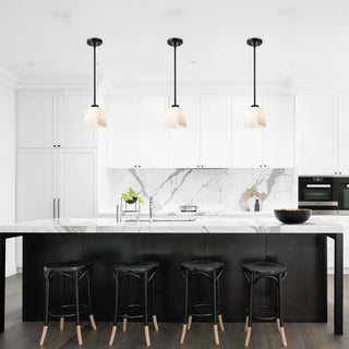 1-Light Matte Black Mini Pendant With Pyramid Shaped Etched White Glass Shade