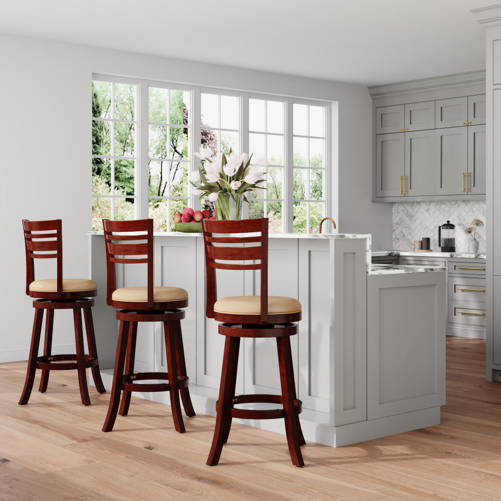 DTY Indoor Living Granby Slat Back  Swivel Stool, 30" Bar Stool, Cherry, Bone Leather