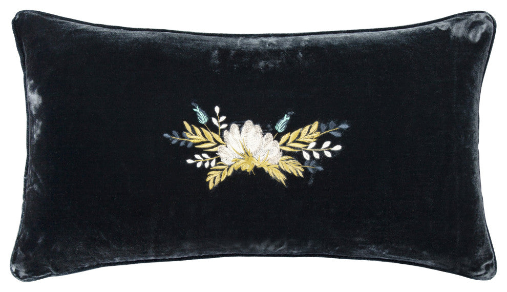 Stella Floral Embroidered Faux Silk Velvet Lumbar Pillow, 14"x24", Midnight Blue