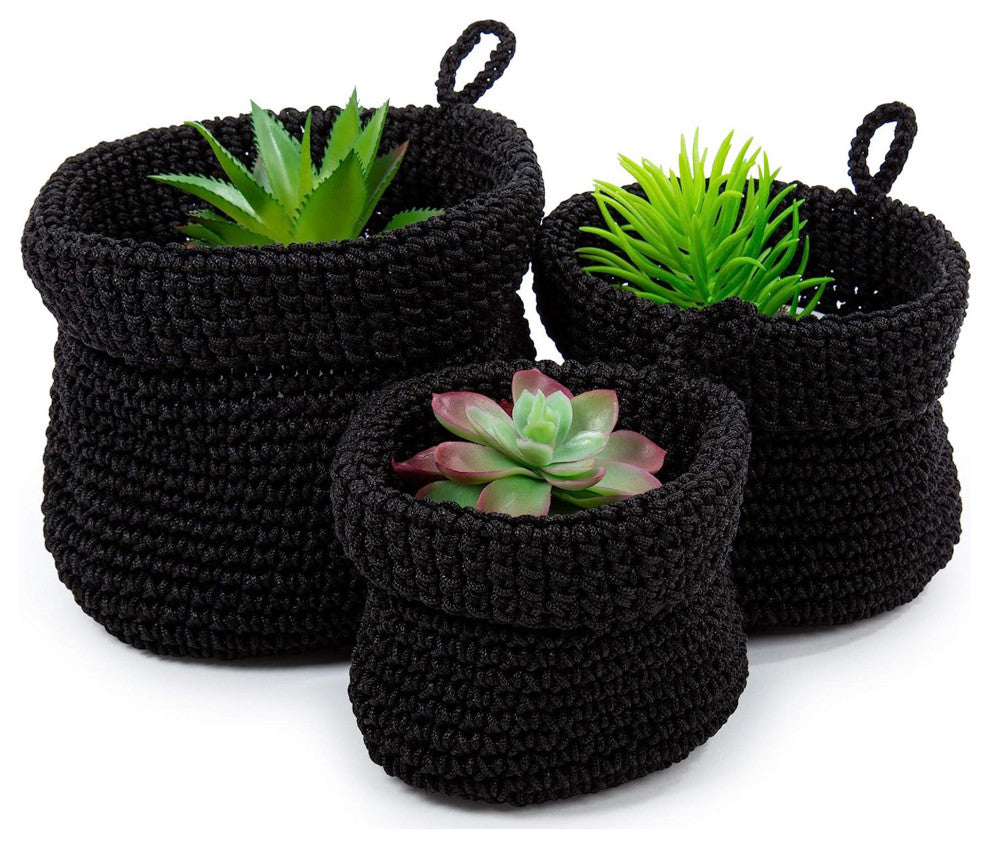 Set of 3 Woven Fabric Planter Basket, 5 x 4 inches, Black