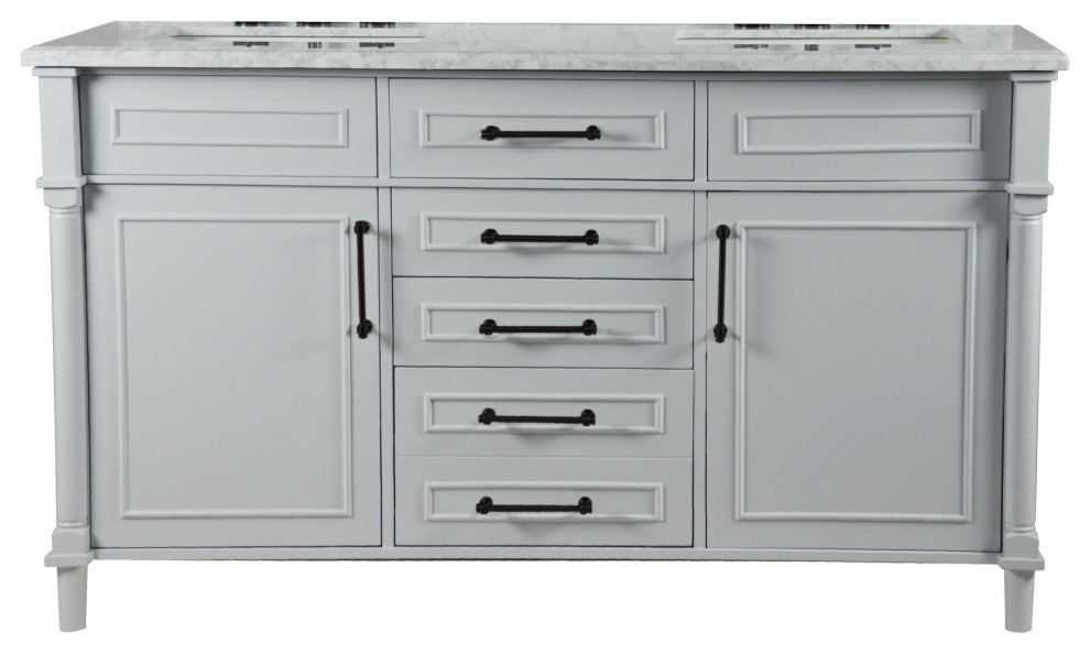 60" Double Vanity, Light Gray With White Carrara Marble Top
