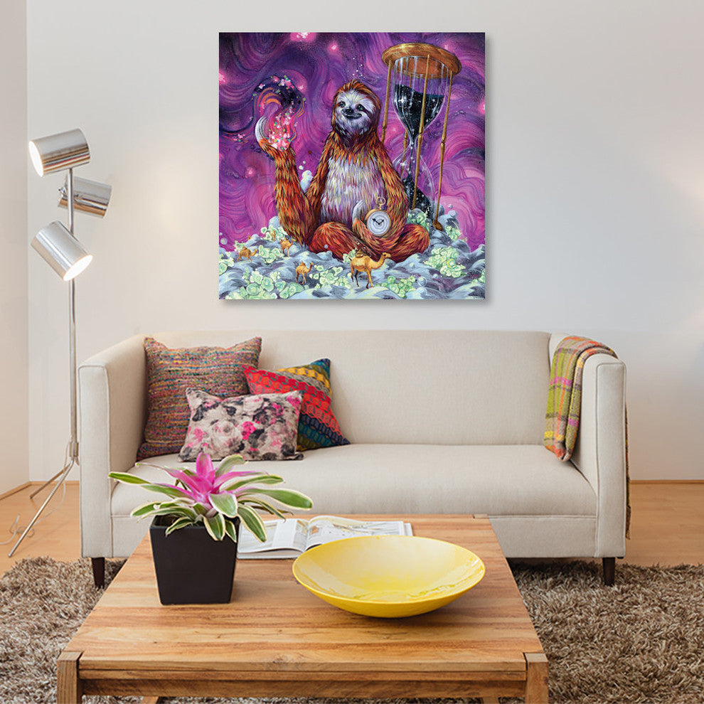 "Time Master Poop Sloth" by Black Ink Art, Canvas Print, 26"x26"