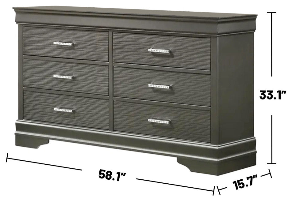 6-Drawers Wooden Dresser With Bar Pull Handles, Dark Gray