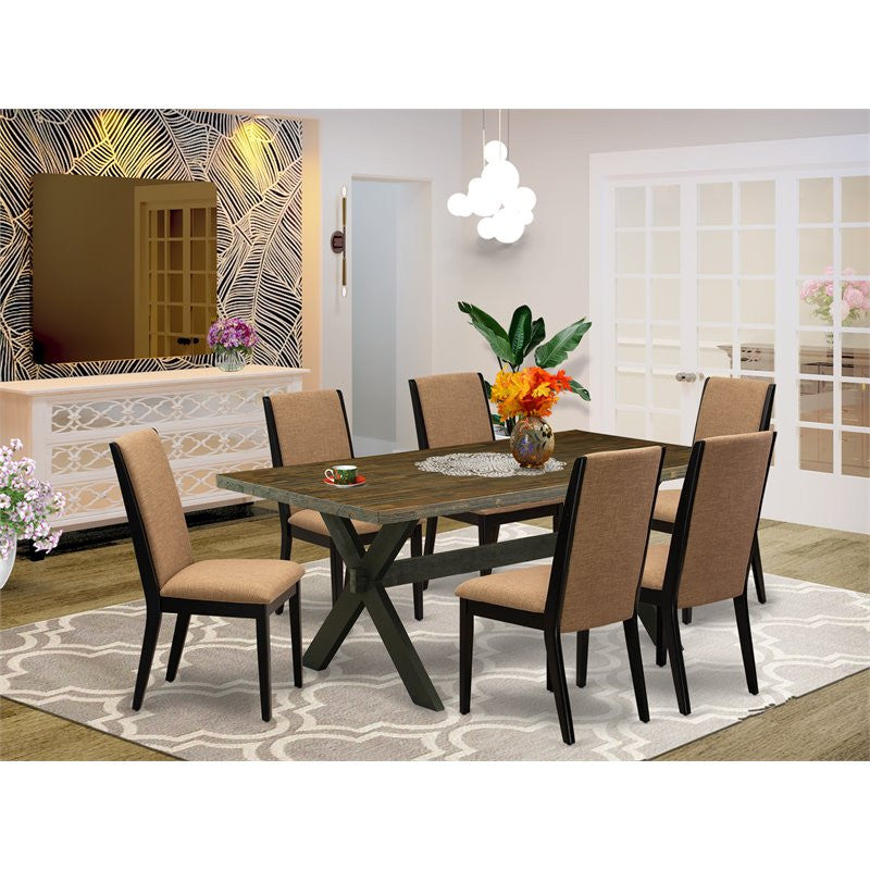 X677La147-7, 7-Piece Dining Set Jacobean Table Top and 6 Linen Fabric Chairs