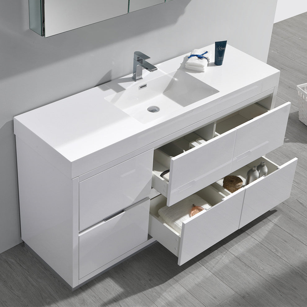 Valencia Free Standing Bathroom Vanity, Medicine Cabinet Glossy White 60"