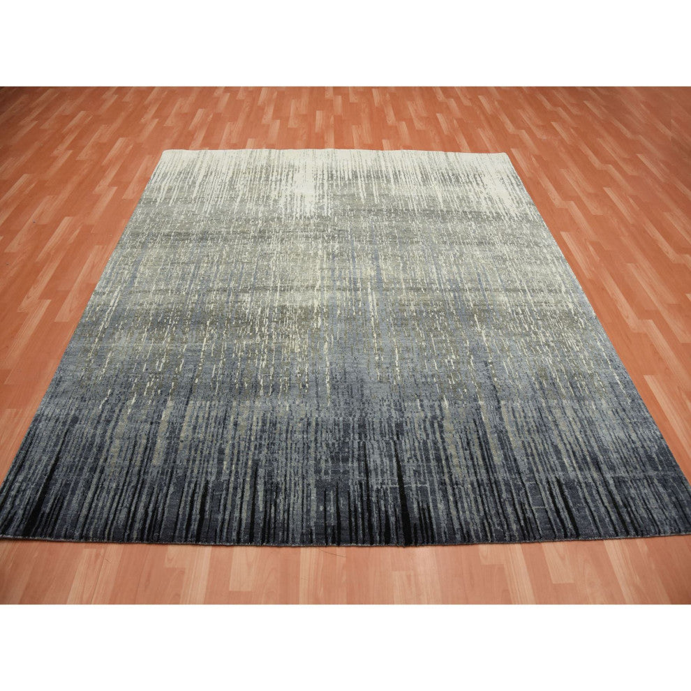 Blue/Gray Hand Knotted Modern Ombre Design Pure Wool Square Rug, 8'0"x8'4"