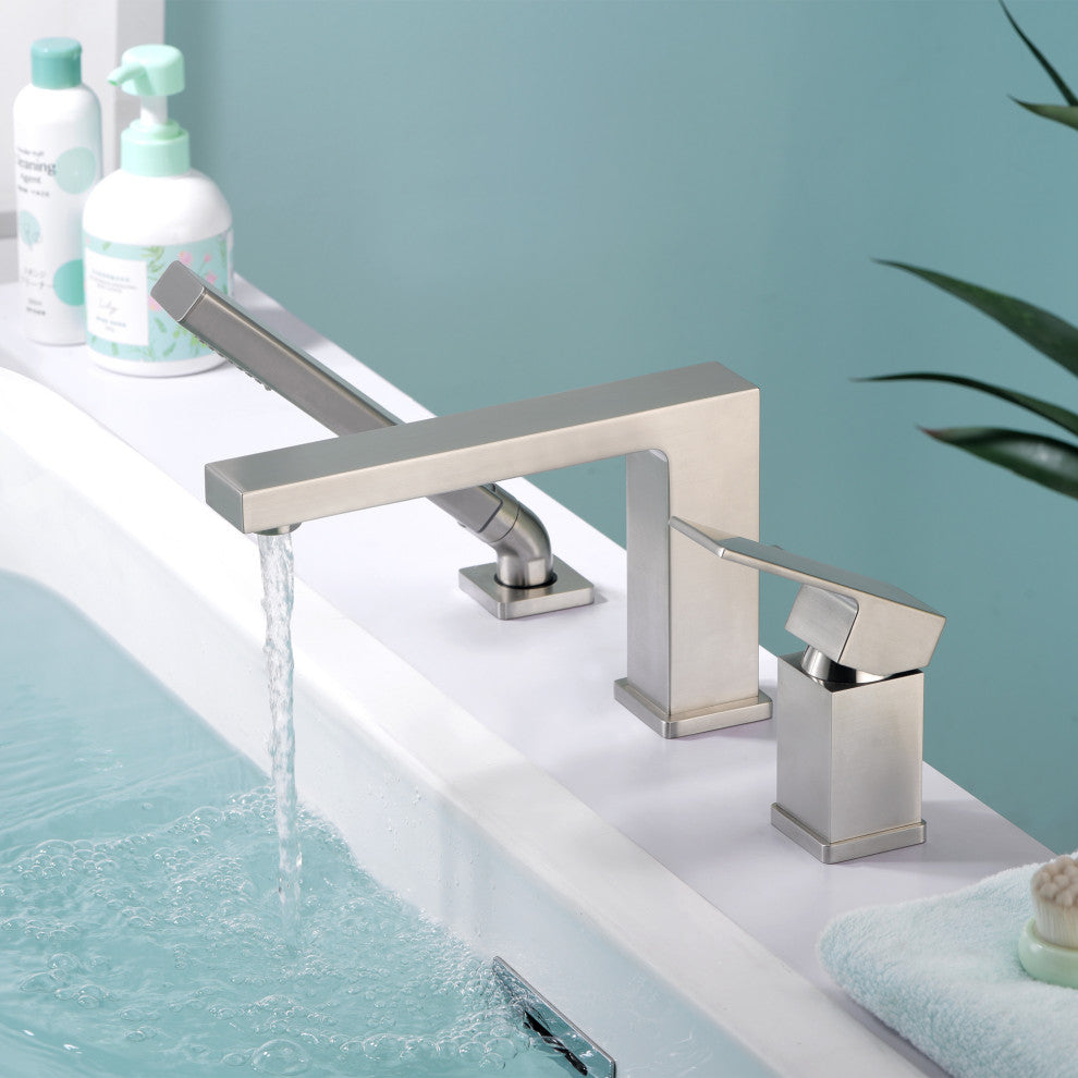 Luxier RTF17 Deck-Mount Roman Tub Faucet With Hand Shower, Brushed Nickel