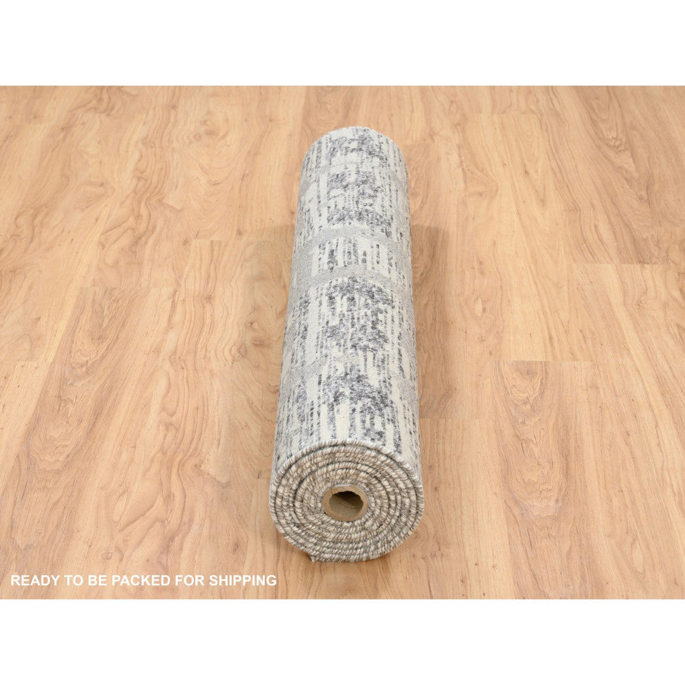 Gray Hand Spun Undyed Wool Modern Hand Knotted Wide Runner Rug, 4'1"x12'0"