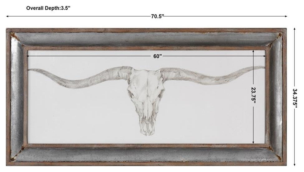 Uttermost Western Skull Mount Wood and Glass Print in Gray/Silver/White