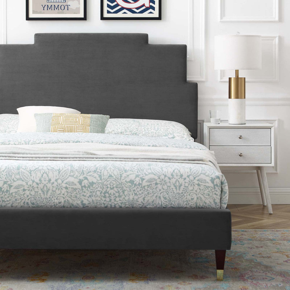 Platform Bed Frame, King Size, Velvet, Dark Gray, Modern Contemporary