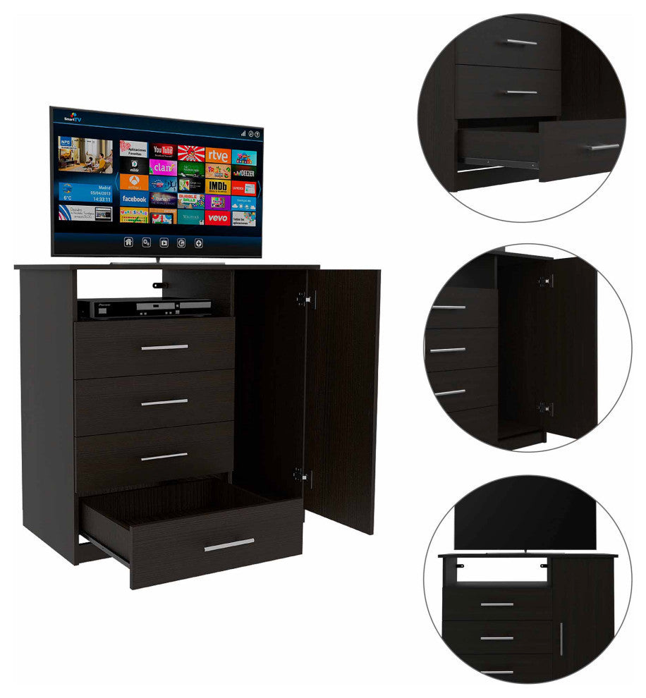 Carolina 4-Drawer Dresser with Single Door Cabinet and Open Shelf, Black