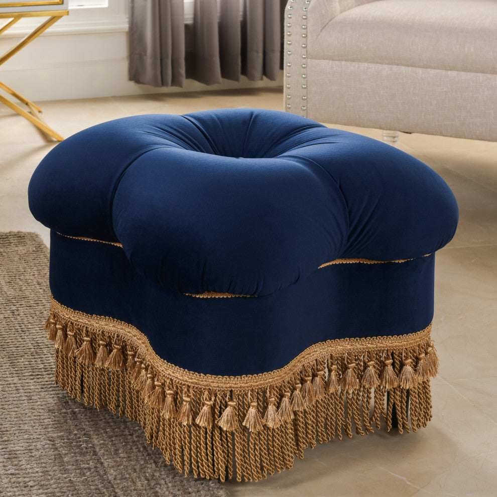 Ellen Tufted Bullion Trim Ottoman, Navy Blue & Gold